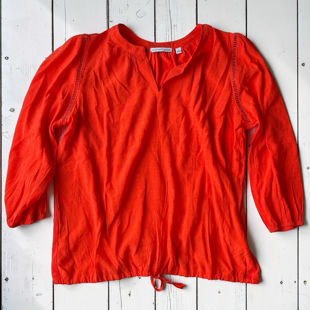 Notations Orange Tunic Blouse Size Lg Drawstring Hem Split Neck Lightweight Top